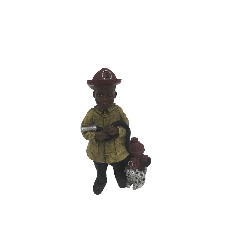 African American Boy Firefighter Figurine with Dalmatian and Fire Hydrant 5.5"